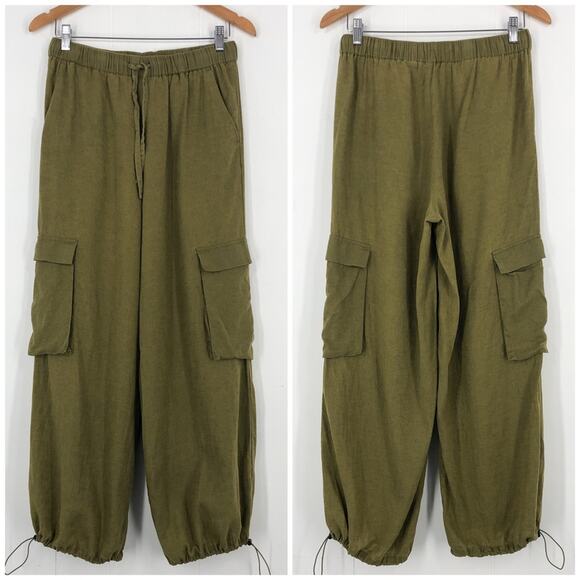 Nicole Miller Linen Blend Drawstring Pant Lagenlook Boho Baggy Size Small Green - Picture 1 of 16